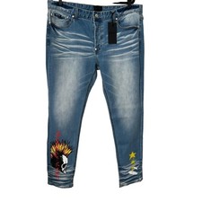Mackeen Distressed Light Wash Denim Jeans with Neon Skull Graphic — listing 5