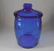 Vintage Cobalt Blue Glass Salted Peanuts Counter Display Jar with Lid