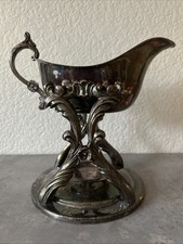 Antique Silverplate Rococo-Style Tilting Gravy/Sauce Boat with Ebonized Wood Handle on Stand — listing 3