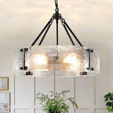 Drum Pendant Chandelier with Textured Glass Panels and Brushed Nickel Frame — listing 4
