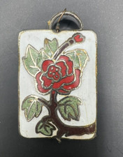 Vintage Cloisonné Enamel Oval Rose Pendant on Gold-Tone Chain
