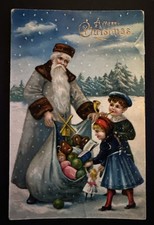 Antique 1909-1910 Embossed Christmas Postcard - Old World Santa Claus in Red Robe with Drum and Holly, Gold Background, Postally Used — listing 2