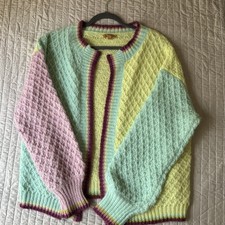 VRG GRL Chunky Hand-Knit Cream & Blue Sweater with Whale/Fish Motif, Size M/L