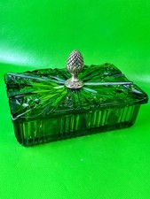 Vintage Avocado Green Pressed Glass Ruffled Compote / Candy Dish with Star Pattern