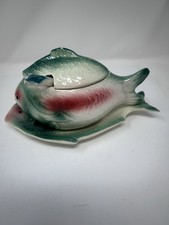 Figural Fish Soup Tureen, Majolica-Style Ceramic, Salmon/Rose Glaze — listing 3