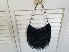 Jessica McClintock Black Beaded Evening Bag with Ornate Silver-Tone Frame and Chain — listing 4