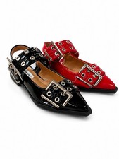 Red Patent Leather Pointed-Toe Grommet Buckle Slingback Flats, Size 39, listing 6