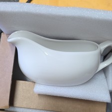 White Ceramic Gravy Boat with Attached Underplate, Swan/Scroll Handle