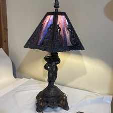 Antique Slag Glass Table Lamp with Figural Cherub Base and Amber Panel Shade — listing 5