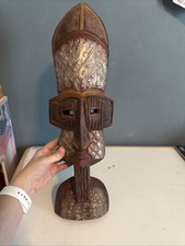 Carved African Wood Face Mask on Wooden Display Stand, listing 3