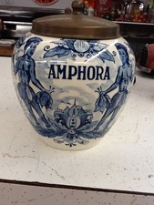 Vintage Delft Blue Hand-Painted 'Amphora' Tobacco Jar with Brass Lid