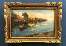 Vintage Italian Landscape Oil Painting, Bay of Naples with Umbrella Pines and Vesuvius, Ornate Gilt Frame, listing 4