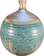 Vintage Ceramic Bud Vase with Ribbed Column Form and Relief Panel, Green and Cream Glaze — listing 3