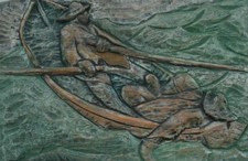 Folk Art Hand-Carved Wood Relief Panel of a Fisherman Holding a Fish