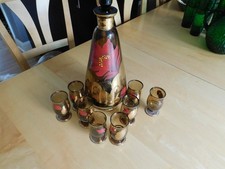 Bohemian Amber Glass Decanter Set with Hand-Painted Enamel Florals and Raised Gilt 6 glasses + decanter — listing 4