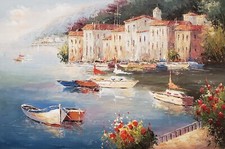 Mediterranean Harbor Scene Painting with Boats and Palm Tree, Distressed Yellow Frame — listing 5