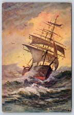 Framed Black & White Photographic Print of Tall Ship at Sunset — listing 2