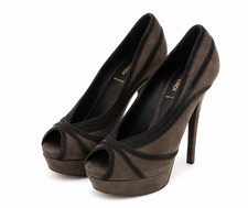 Fendi Black Suede & Gold Leather Peep-Toe Slingback Platform Heels, Size 7 — listing 3