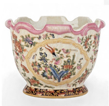 Chinoiserie Bird & Floral Cachepot / Jardinière with Cobalt Blue Scrollwork Ground — listing 5