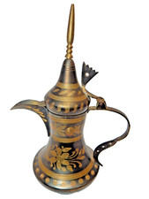 Vintage Brass Dallah Arabic Coffee Pot / Teapot with Etched Floral Design and Arabic Script — listing 2