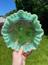 Emerald Green Pressed Glass Ruffled Compote / Comport on Pedestal Foot