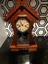Antique Victorian Pressed Oak Gingerbread Kitchen Mantel Clock with Pendulum — listing 5