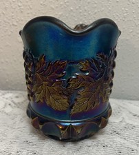 Vintage Blue Carnival Glass Grape & Cabochon Pitcher and Tumbler Set — listing 2