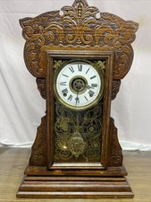 Antique Victorian Gingerbread Mantel Clock with Painted Case and Pendulum — listing 5