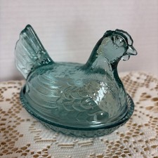 Rosso by Wilkerson glass hen nest Miniature Teal Glass Nesting Hen on Basket, 3.5 inch Covered Dish