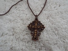 1928 Jewelry Co. Filigree Cross Pendant Necklace with Green & Amber Beaded Chain