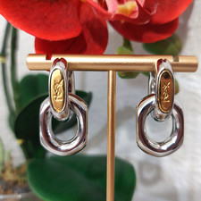 YSL Vintage Gold-Tone Navy Enamel Logo Clip-On Earrings — listing 6