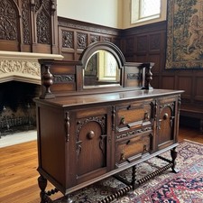 Antique Victorian Oak Sideboard/Buffet with Beveled Mirror Backsplash and Carved Crest