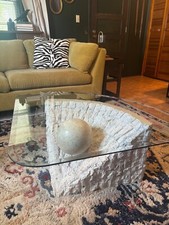 Round Tessellated Stone Rim Coffee Table with Glass Top and Wrought Iron Base — listing 4