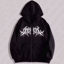 Black Y2K Grunge Zip-Up Hoodie with 'LA' Gothic Embroidery and Grommet Detailing