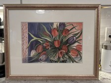 Original Watercolor Painting of Stargazer Lilies, Signed, Gold Frame