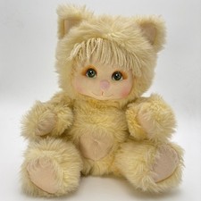 Vintage White Persian Plush Cat with Red Nose and Heart Ribbon