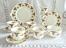 Royal Stafford Bone China Tea Service for 6 - Green & Gilt Foliate Border, Octagonal Plates — listing 6