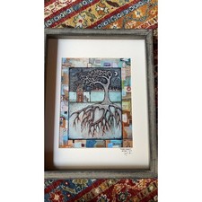 "Finders Keepers" Framed Mixed-Media Art Print by Jen Born, Whimsical Tree with Heart Roots