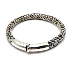 Balinese Style Sterling Silver Woven Wheat Chain Bracelet with Ribbed Stations — listing 5