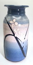 Handmade Studio Pottery Vase, Cream Glaze with Blue-Green Brushwork
