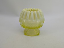 Antique Vaseline/Uranium Glass Footed Bowl with Opalescent Scalloped Rim and Floral Pattern, 8.5" — listing 5