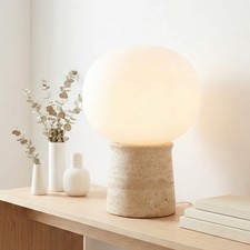 Travertine & Brass Mushroom Table Lamp with White Dome Glass Shade — listing 4
