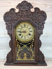 Antique Victorian Gingerbread Mantel Clock with Carved Walnut Case