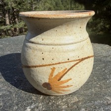 Handmade Studio Art Pottery Squat Bud Vase with Gold Leaf and Purple Swirl Glaze
