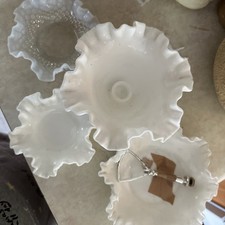 Pair of Vintage Hobnail Milk Glass Hurricane Table Lamps with Ruffled Shades and Ornate Metal Bases — listing 3
