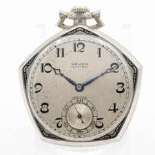 Gruen VeriThin Gold-Filled Open-Face Pocket Watch with Floral Engraved Dial and Chain — listing 5