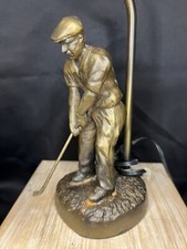 Vintage Brass Figural Golfer Table Lamp with Burlap Shade — listing 2