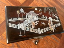 Chinese Black Lacquer 4-Panel Wall Hanging Set with Mother-of-Pearl & Soapstone Geisha Figures