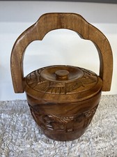 Hand-Carved Teak Wood Basket with Handle, Floral Scrollwork Relief — listing 5