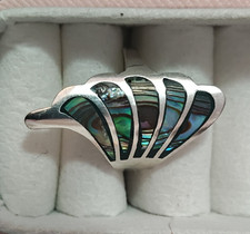 Costume Cocktail Ring with Round Abalone/Mother-of-Pearl Cabochon and Beaded Silver-Tone Setting